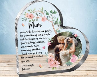 Mother Heart-Shaped Acrylic Keepsake with Photo Freestanding Mothers Day Gift Birthday Wedding Christmas