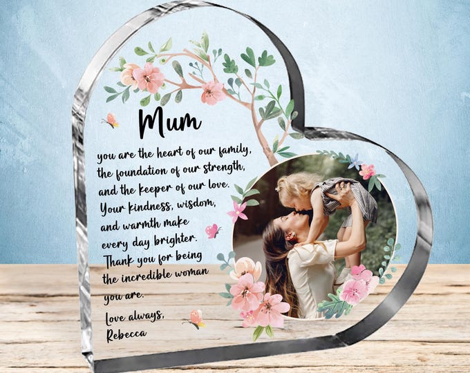 Mother Heart-Shaped Acrylic Keepsake with Photo Freestanding Mothers Day Gift Birthday Wedding Christmas