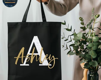 Tote Bag | Personalised Name & Initial | Glitter Gold Rose Gold Silver Black White