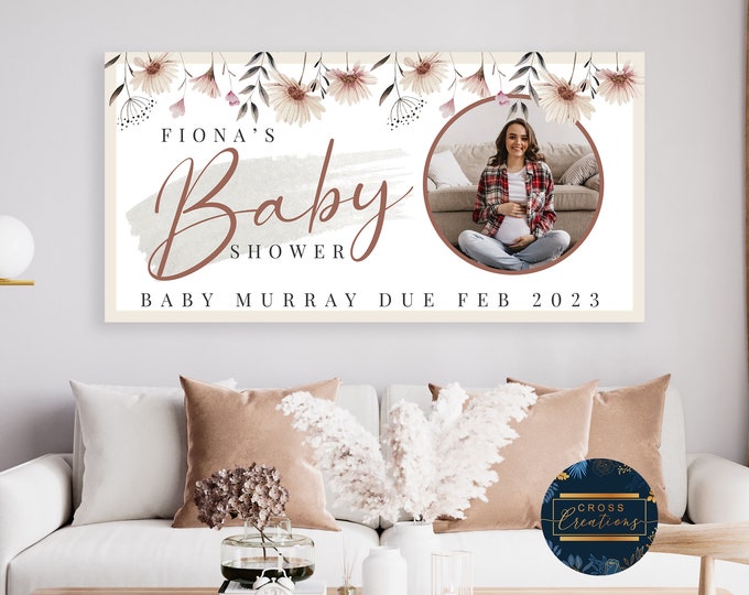 Personalised Baby Shower Party Banner | Nude Floral | Boho | Pastel | Custom Name Banner with Photo