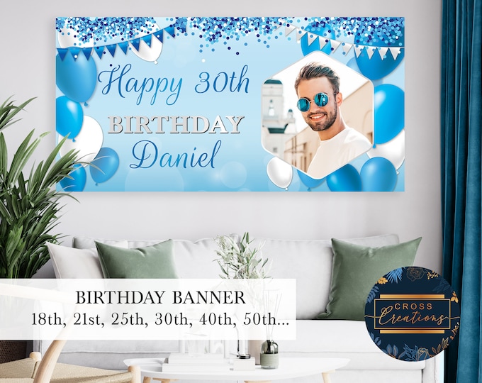 Personalized Photo Birthday Banner | Pink or Blue Balloon Decor