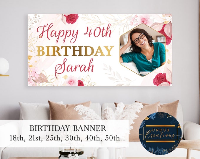 Personalized Floral Birthday Banner | Custom Photo, Pink & Blue