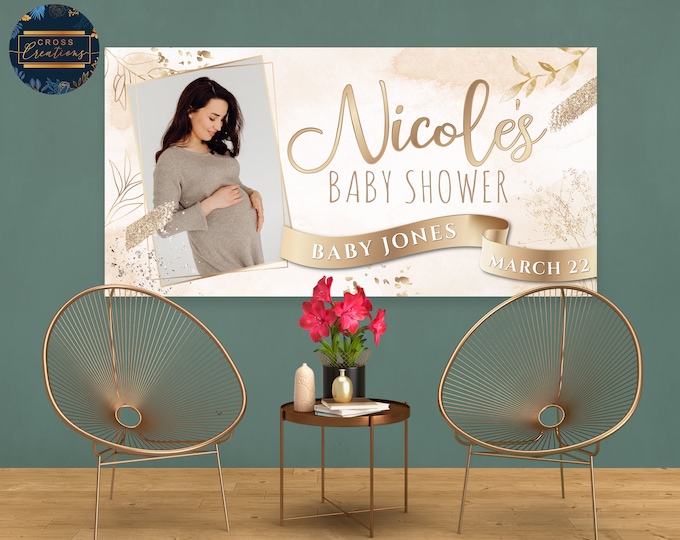 Personalised Baby Shower Party Banner | Nude Gold Beige | Custom Name Banner with Photo