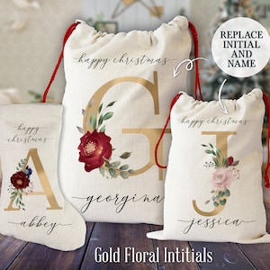 Gold Floral Initial - Santa Sack | Stocking | Personalised