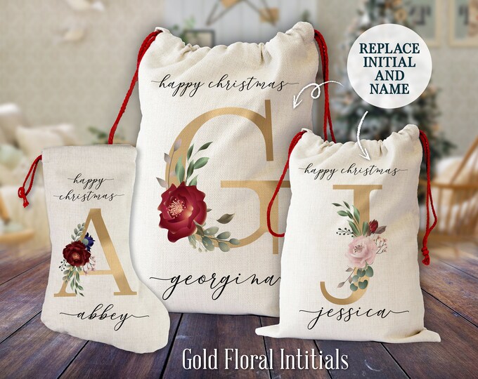 Gold Floral Initial - Santa Sack | Stocking | Personalised