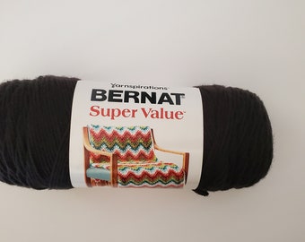 Black acrylic yarn, BERNAT Super Value, Yarn Skein Weight 7 oz. ( 197 g) , Yardage: 426 yd. ( 389 m)