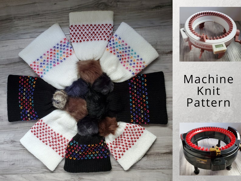 K&ouml;nnte beinhalten: Sechs gestrickte M&uuml;tzen mit bunten Streifen und Bommeln. Die M&uuml;tzen sind in einem Kreis auf einer Holzoberfl&auml;che angeordnet. Das Bild zeigt auch eine Nahaufnahme einer Strickmaschine. Strickmuster f&uuml;r die Maschine.