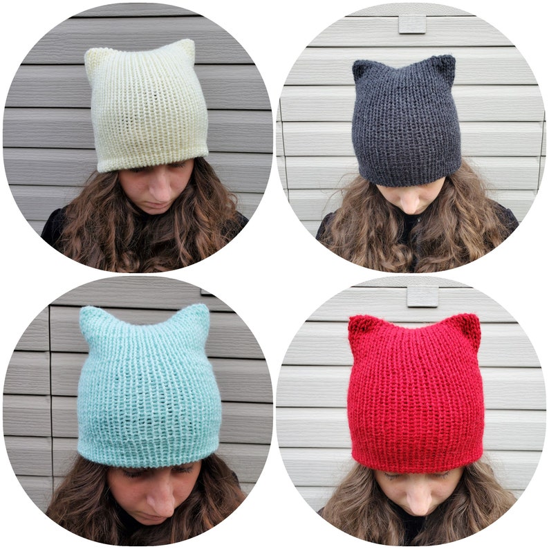 May include: Four knitted hats with cat ears. The hats are in different colors: light yellow, black, light blue, and red.