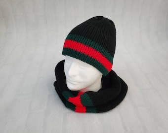Red Black Knitted Set Black-green Hat and Neck Warmer - Etsy Australia