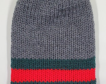 Dark Grey Knitted Hat |Grey,  Red and Green Hat | Reversible Slouchy Beanie | Gray Knitted Toque | His and hers gifts |Unisex Knitted Hat