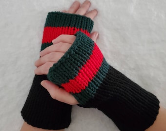 Red and Black Fingerless Gloves| Long Knitted Fingerless Gloves | Wrist warmers | Green and Red Gloves