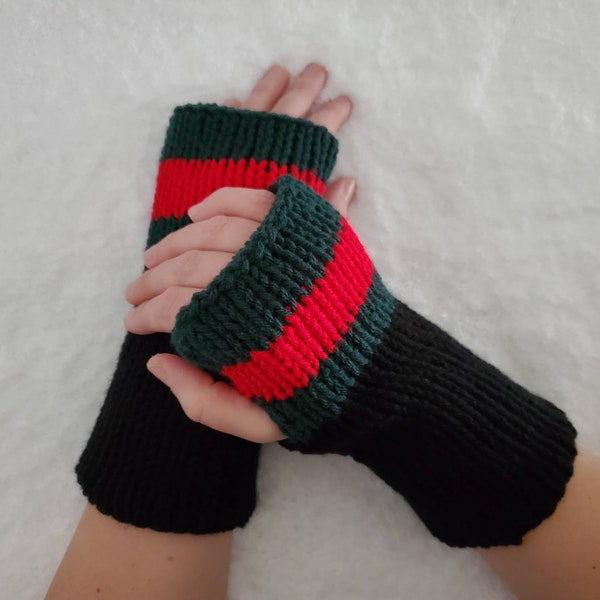 Red and Black Fingerless Gloves| Long Knitted Fingerless Gloves | Wrist warmers | Green and Red Gloves