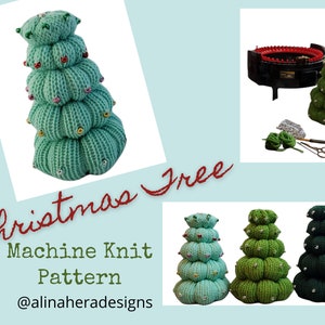 May include: A machine knitting pattern for a Christmas tree. The pattern includes instructions for making a green, blue, and dark green Christmas tree. The pattern is available on Etsy from @alinaheradesigns.