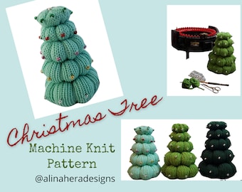 Könnte beinhalten: Ein Strickmuster für einen Weihnachtsbaum für die Strickmaschine. Das Muster enthält Anleitungen zum Stricken eines grünen, blauen und dunkelgrünen Weihnachtsbaums. Das Muster ist auf Etsy von @alinaheradesigns erhältlich.