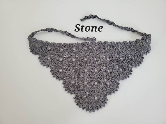 Crochet Kerchief, Black Cotton Bandana, Fan Kerchief, Cotton Church Veil, Natural cotton headband, medium size kerchief 14" x 7 " plus ties