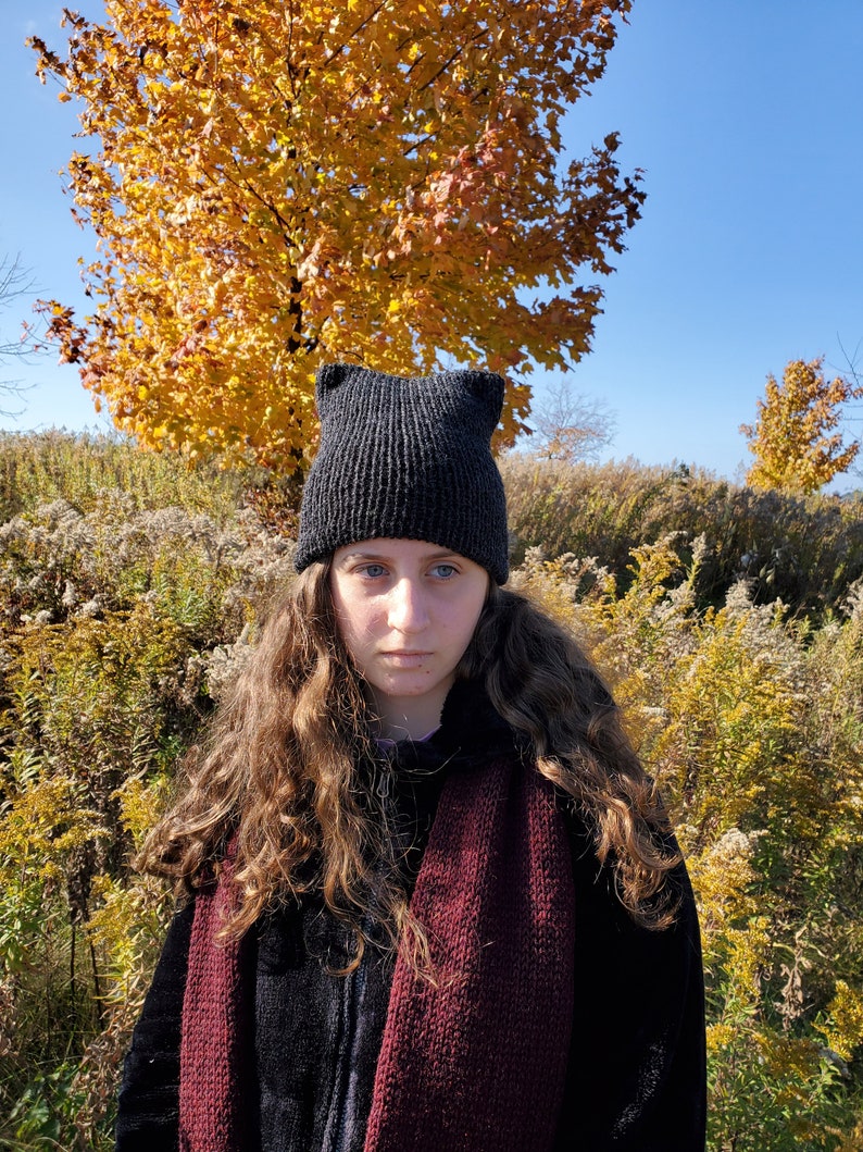 May include: A person wearing a black knit hat with cat ears and a burgundy scarf. The hat is pulled down over their forehead and the scarf is wrapped around their neck. The person is standing in front of a background of yellow and brown foliage.