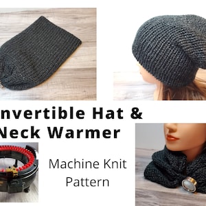 May include: A grey knitted hat and neck warmer with a silver button closure. The hat can be worn as a slouchy beanie or folded down to create a neck warmer. The image also shows a knitting machine.