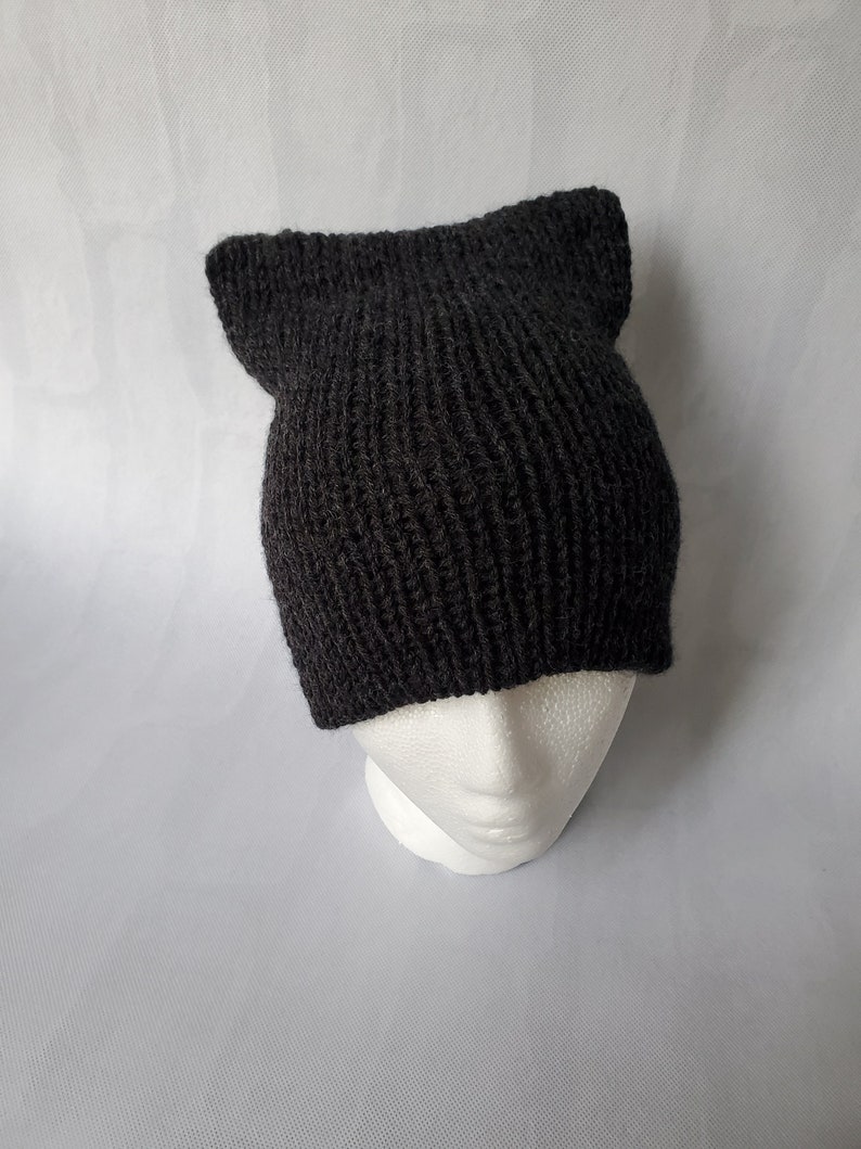 May include: A black knitted beanie with cat ears.