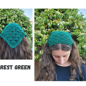 Crochet Bandana Kerchief, Sunday Crochet Kerchief, Church Veil for women, girls bandana headband headcover Forest Green