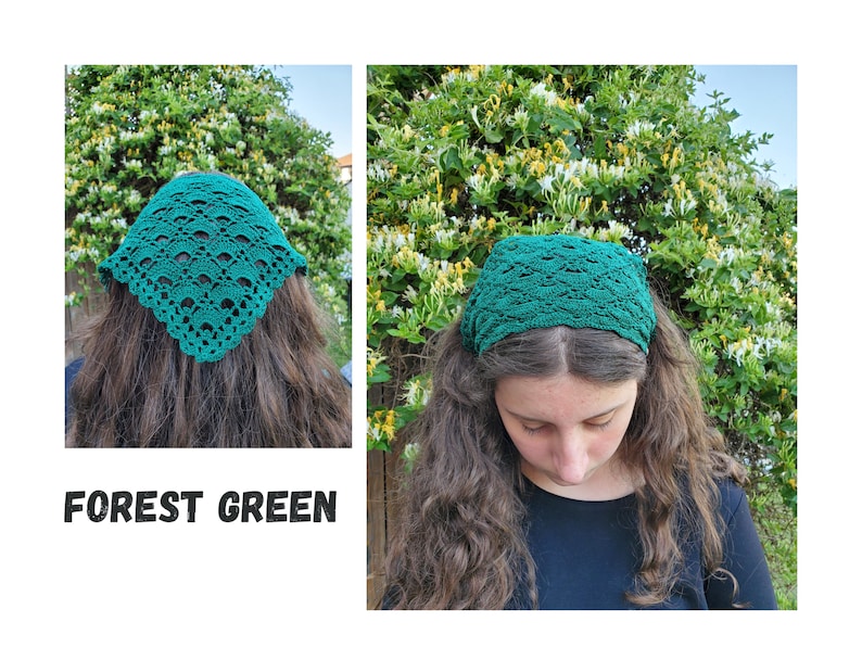 Crochet Bandana Kerchief, Sunday Crochet Kerchief, Church Veil for women, girls bandana headband headcover Forest Green