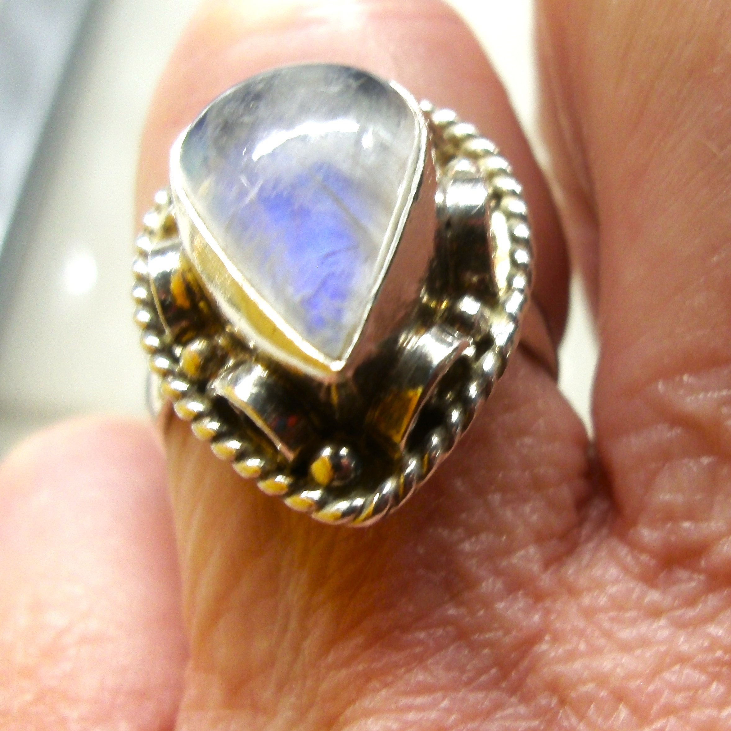 Bijoux Ethniques Indiens Bague Argent 925 Chevalière Filigrane Et Pierre De Lune Inde 099