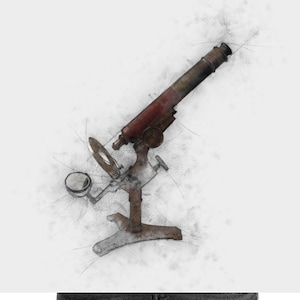 May include: A vintage microscope with a brass base and a red and black metal body. The microscope is drawn in a pencil sketch style on a white background.