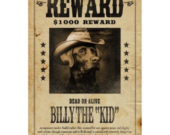 CUSTOM Wanted Poster Print of Your Dog or Pet | 24x36 or 12x18 Lustre Paper | Dog Wall Art | Personalized Dog Gift, Western Wall Art