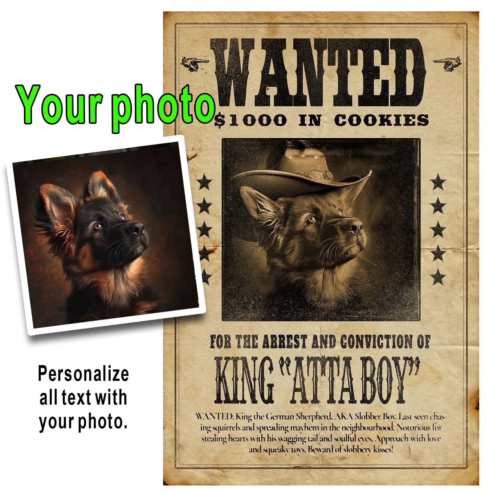 CUSTOM Wanted Poster Print of Your Dog or Pet | 24x36 or 12x18
