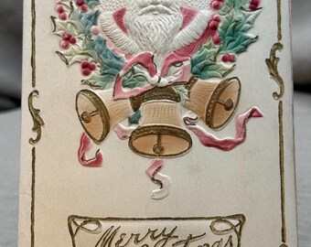 Antique Embossed Christmas Postcard – Heavily Embossed Santa With Bells (Divided Back Era)