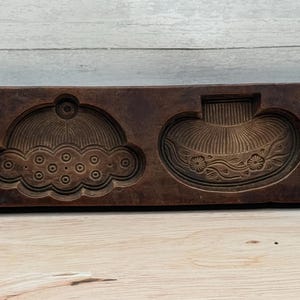 Antique Japanese Style Kashigata Wood Sweets Mold Carved Mushroom Lotus Wagashi