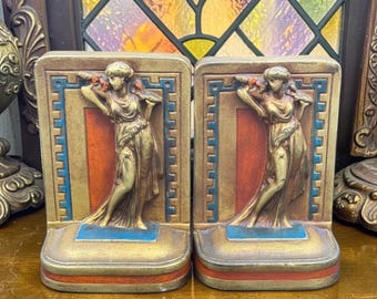 Polychrome Bronze Clad Art Noveau Bookends Classical Maiden Design