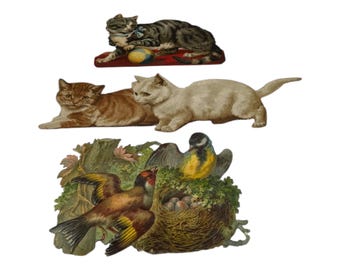Antique Victorian Die Cuts Cats Birds Scrap Ephemera Chromolithograph