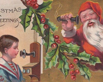 Antique Embossed Divided Postcard Era Christmas Postcard Santa on Phone W/ Child