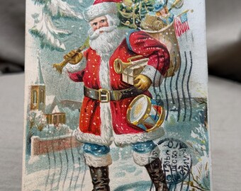 Antique Embossed Christmas Postcard – Santa Walking With Toys (Divided Back Era)