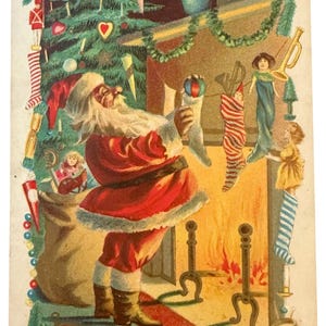 May include: Vintage Christmas postcard featuring Santa Claus holding a stocking near a fireplace. The illustration includes a Christmas tree, stockings, and the words "Merry Christmas". The color palette is warm with reds, greens, and golds.