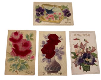 Antique Velvet Floral Postcards – 1900s Greetings from Germany, Set of 4