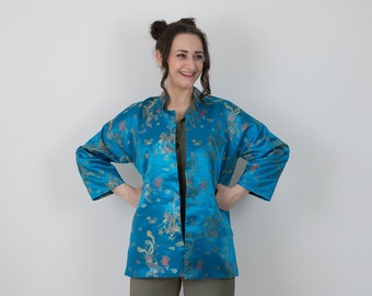 Teal Brocade Jacket, Oriental Satin Dragon Kimono, Chinese New Year Dress, Kaylee Frye Cosplay Coat, Oversized Handmade Boxy Cover Up