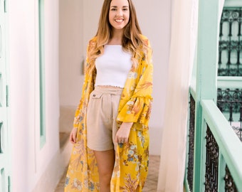 Yellow Floral Maxi Kimono, Ditsy Print Bell Sleeve Duster, Sheer Summer Beach Cover Up, Long Handmade Swimsuit Robe