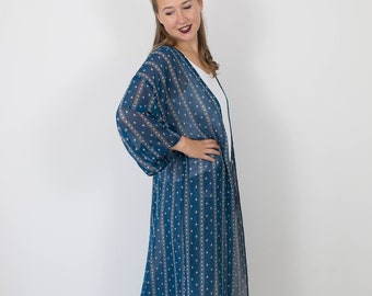 Langer, dunkel blau gestreifter Kimono, durchscheinend blaue Strandüberdeckung, leichte grüne Sommer-Strickjacke, marokkanischer Duster, Chiffon-Urlaubsjacke