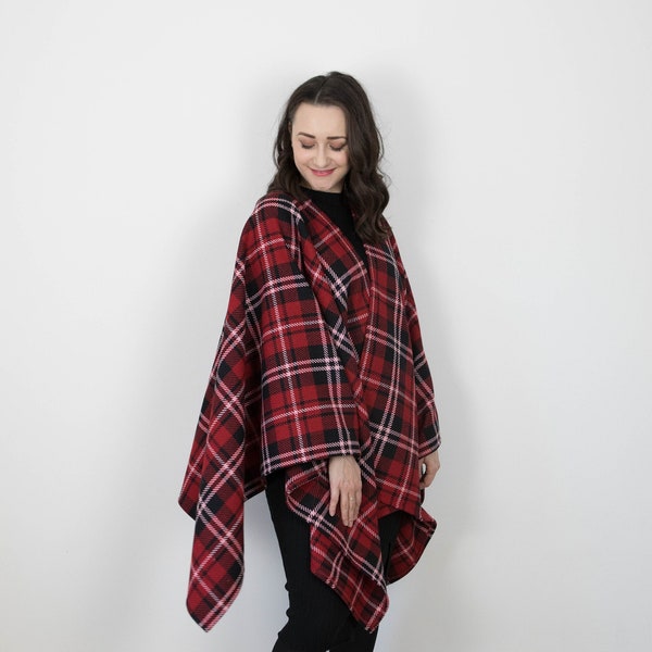 Red Tartan Blanket Wrap, Plaid Wearable Oversized Cardigan, Cosy Wool Winter Cover Up, One Size Shawl Poncho, Handmade Warm Kimono Coat