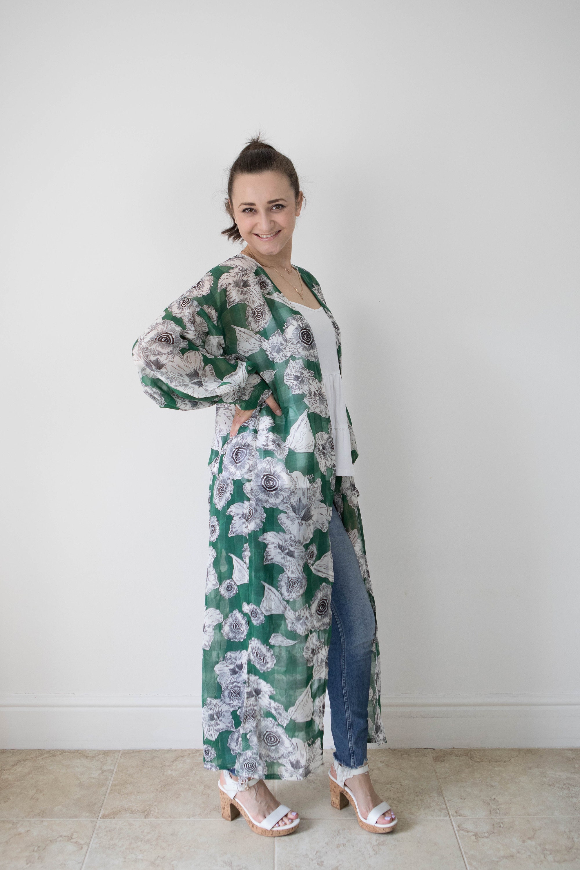 Green Floral Balloon Sleeve Kimono Long Sheer Duster With - Etsy UK