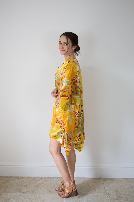 Goldyellow Beach Kaftan In Lightweight Abstract Style Floral Print Satin Holiday Swimsuit Bikini Maternity Cover Up Handmade Kimono