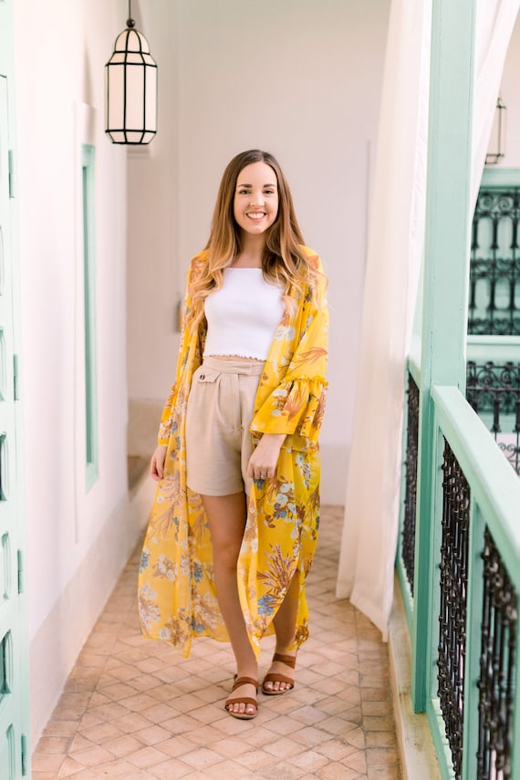 Yellow Floral Maxi Kimono, Ditsy Print Bell Sleeve Duster, Sheer