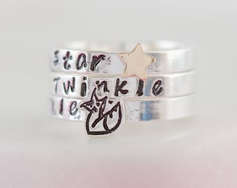 Personalised Starry Foxes Sterling Silver Stacking Ring Set