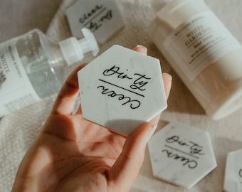 Hand Lettered Marble Dishwasher Magnet Sign: Clean Dirty Indicator