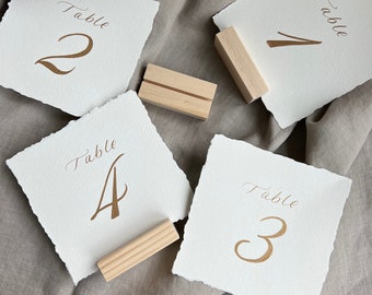 Hand Calligraphy Table Numbers: Hand Torn Edge, Gold Ink (5x5 in.)