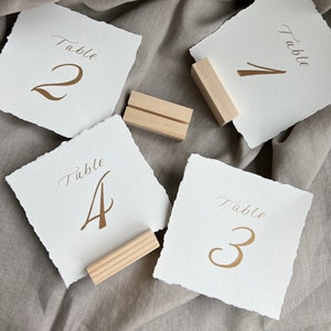 Hand Calligraphy Table Numbers: Hand Torn Edge, Gold Ink (5x5 in.)