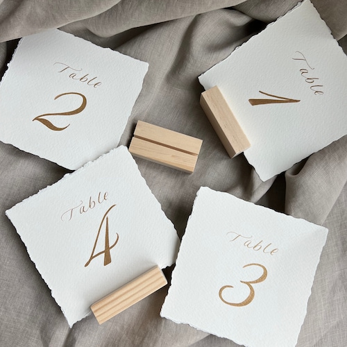 Hand Calligraphy Table Numbers: Hand Torn Edge, Gold Ink (5x5 in.)