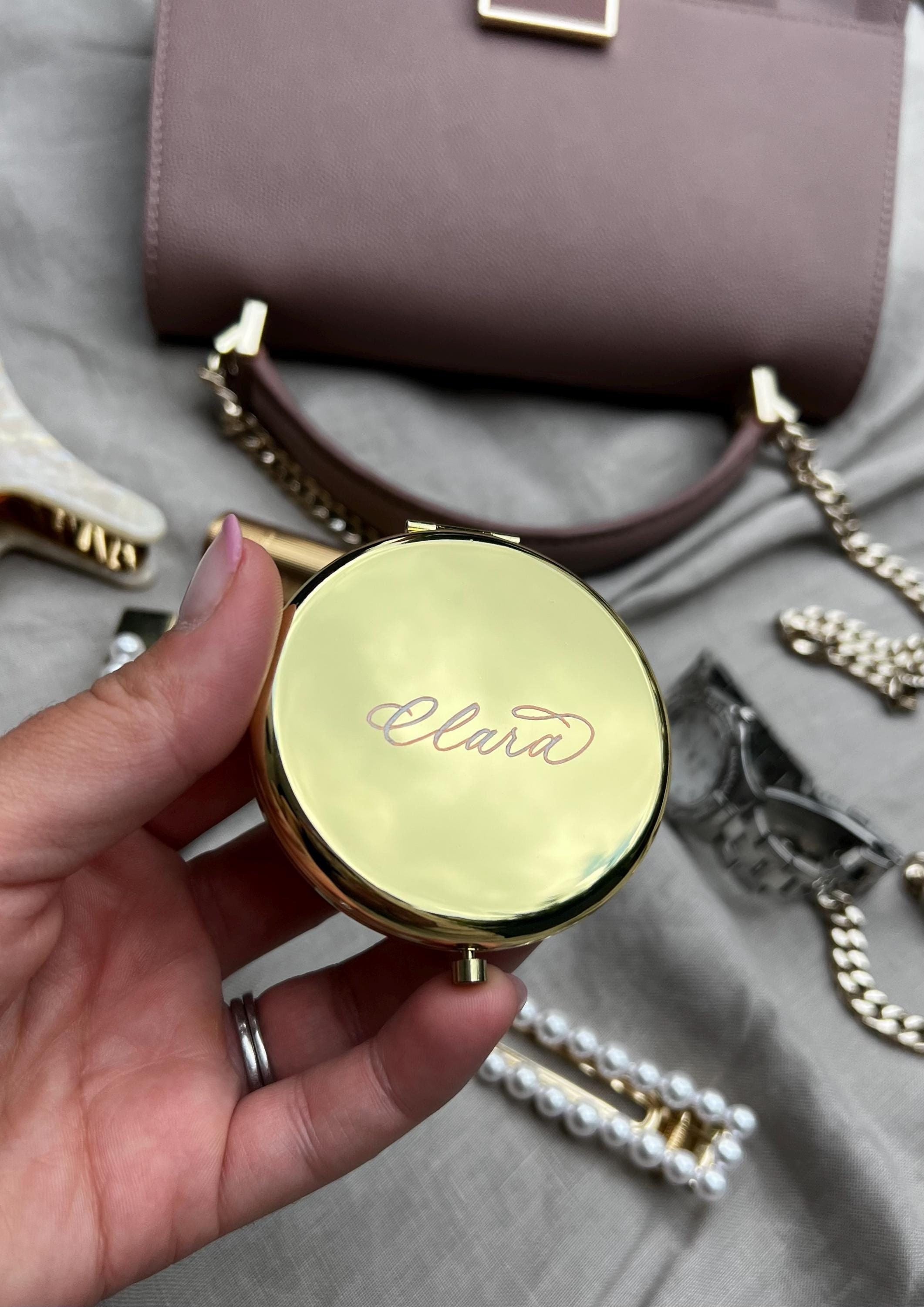 Hand Engraved Pocket Mirror, Compact Mirror, Bridesmaid Gift, Bridal Gift, Personalized Gift