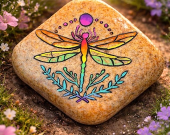 Rainbow dragonfly and moon phase painted rock